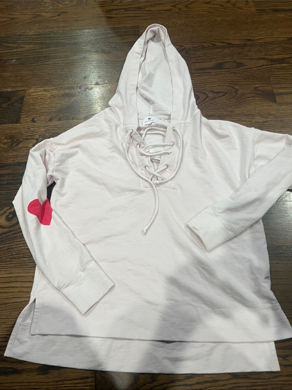 Sundry Pale Pink Lace-Up Hoodie with Red Heart Sleeve